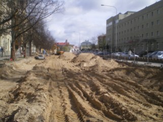 Budowa linii tramwajowej w ulicy Kościuszki (16 kwietnia 2015)