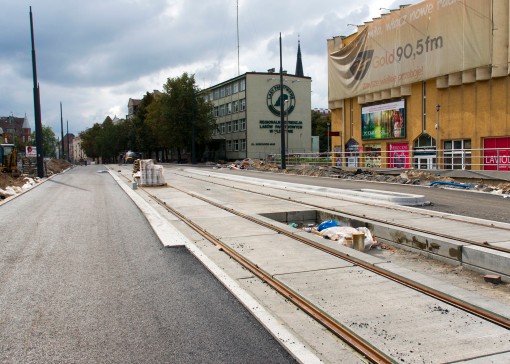 Budowa linii tramwajowej w ulicy Kościuszki (20 września 2015) - przystanek wiedeński Filharmonia