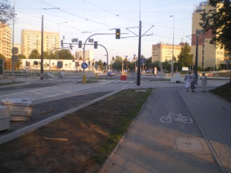 Budowa linii tramwajowej na skrzyżowaniu ulic Żołnierskiej i Obiegowej (31 sierpnia 2015)