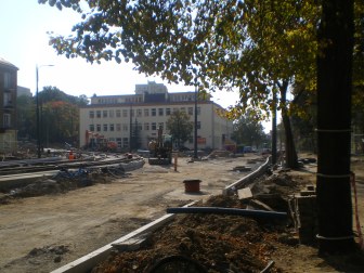 Budowa linii tramwajowej na skrzyżowaniu ulic Kościuszki i Żołnierskiej (4 października 2015)