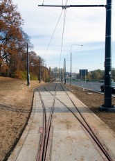 Linia tramwajowa przy ulicy Tuwima (31 października 2015) - mijanka przy skrzyżowaniu z ulicą Iwaszkiewicza
