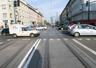 Linia tramwajowa w ulicy Kościuszki (31 października 2015) - skrzyżowanie z ulicą Kętrzyńskiego