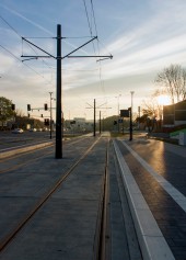 Linia tramwajowa przy ulicy Obiegowej (31 października 2015) - przystanek Obiegowa
