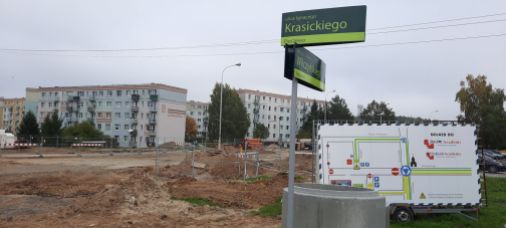 Budowa linii tramwajowej w ulicy Wilczyńskiego, w okolicach skrzyżowania z ulicą Krasickiego (2 października 2021)
