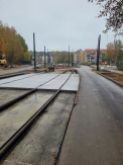 Budowa linii tramwajowej w ulicy Wilczyńskiego, w pobliżu przystanku końcowego Pieczewo (23 października 2022)