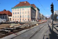 Budowa linii tramwajowej na skrzyżowaniu ulic Kościuszki z aleją Piłsudskiego (3 listopada 2022)