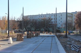 Budowa linii tramwajowej w ulicy Wilczyńskiego, między ulicami Gębika i Wachowskiego (3 listopada 2022)