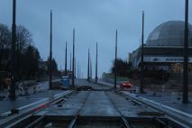 Budowa linii tramwajowej w alei Piłsudskiego, w pobliżu przystanku Planetarium (15 stycznia 2023)