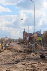 Budowa linii tramwajowej w ulicy Krasickiego, w pobliżu przystanku Boenigka (10 kwietnia 2023)
