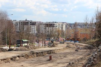 Budowa linii tramwajowej w ulicy Krasickiego, między ulicami Wańkowicza i Barcza (10 kwietnia 2023)