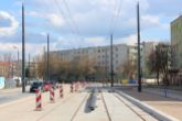 Budowa linii tramwajowej w ulicy Wilczyńskiego, między ulicami Gębika i Żurawskiego a Wachowskiego (10 kwietnia 2023)
