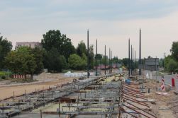 Budowa linii tramwajowej w ulicy Krasickiego, w pobliżu skrzyżowania z ulicą Wilczyńskiego (5 lipca 2023)