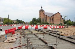 Budowa linii tramwajowej w ulicy Krasickiego, w pobliżu skrzyżowania z ulicą Wilczyńskiego (5 lipca 2023)