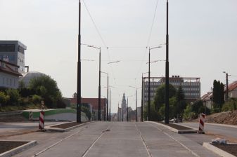 Budowa linii tramwajowej w alei Piłsudskiego, w pobliżu placu Daszyńskiego (5 lipca 2023)