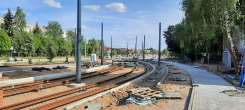 Budowa linii tramwajowej w ulicy Krasickiego, w pobliżu przystanku Boenigka (29 lipca 2023)