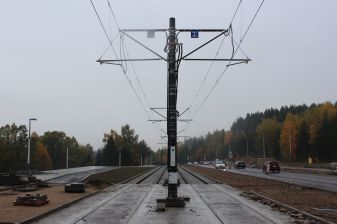 Budowa linii tramwajowej w ulicy Krasickiego, w pobliżu przystanku Boenigka (22 października 2023)