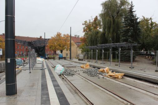 Budowa linii tramwajowej na placu Jedności Słowiańskiej - nowy przystanek końcowy Wysoka Brama (22 października 2023)