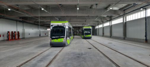 Nowa (wschodnia) hala postojowa zajezdni tramwajowej MPK Olsztyn (29 grudnia 2023)