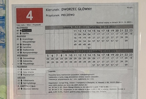 Specjalny rozkład linii 4 na pierwsze dwa dni kursowania (30-31 grudnia 2023) - przystanek Pieczewo